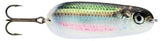 A fishing lure shaped like a small fish, with a silver body, green and gold shimmering top, a pink horizontal stripe, and a dark head. It has a large detailed eye and is attached to a metal rig with a triple hook on the left, shown against a plain white background.