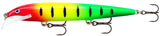 A hard bait fishing lure with a bright green, yellow, and orange body, black vertical stripes, a red head, and a white plastic lip, shown on a white background.