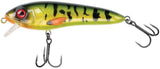 A hard bait fishing lure with a realistic yellow-green and black tiger stripe pattern, a red eye, and a clear diving lip, shown with two treble hooks on a white background.