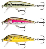 Three fishing crankbait lures arranged vertically on a white background, each with treble hooks and a clear diving lip. The top lure is olive green and cream with black striping; the middle is white, pink, and black speckled; the bottom is yellow with black spots.
