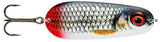 A fishing lure shaped like a small fish, featuring a silver and white scaled body, a red tail, a realistic eye, and a metal treble hook attached on the left.